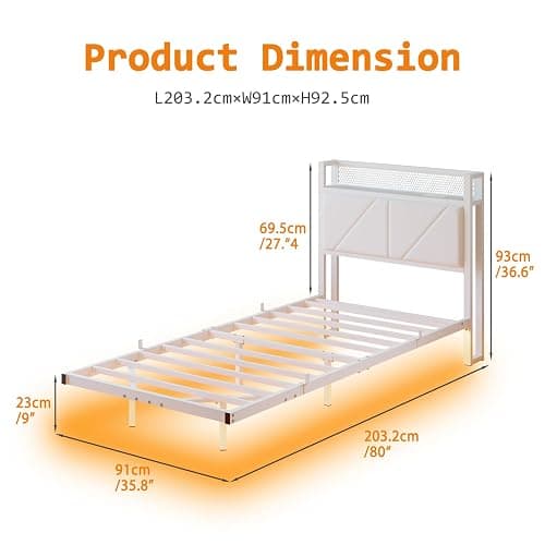 HAHRIR Single Floating Metal Bed Frame with LED Lights & USB Charging Station, 90×190cm Metal Platform Bed Frame with 3ft Upholstered Headboard Storage,Heavy Duty Metal Slats, Noise Free/White thumbnail 2
