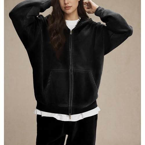 Talakeno Womens Double Zip Up Hoodies Oversized Heavyweight Fleece Sweatshirt Acid Wash Hoodie Vintage Distress Cotton Jacket thumbnail 8