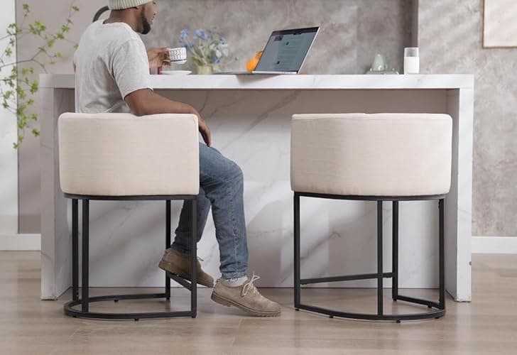 RIVOVA Contemporary Cream Linen Bar Stools Set of 3, 24" Upholstered Fabric Counter Height Barstools Kitchen Counter Island Stools with Screwed Together Black Metal Base thumbnail 3