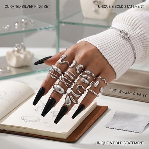 17KM 16 PCS Silver Chunky Rings Set for Women, 14k Silver Plated Thick Dome Stackable Open Rings Trendy Dainty Minimalist Jewelry Gifts thumbnail 2