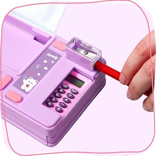 LilyBeauty Multifunction Pencil Case with Calculator, Pencil Sharpener and Curriculum, Multiple Cute Patterns, Suitable for Elementary School Girls, Boys, Great Gifts for Kids (Purple) thumbnail 3