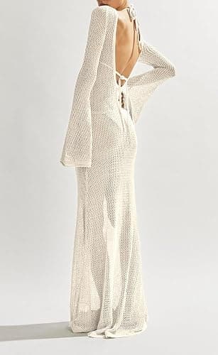 Saodimallsu Womens Crochet Cover Ups Long Sleeve Sexy Mesh Backless Knit Swimsuit Coverup Beach Maxi Dress thumbnail 4