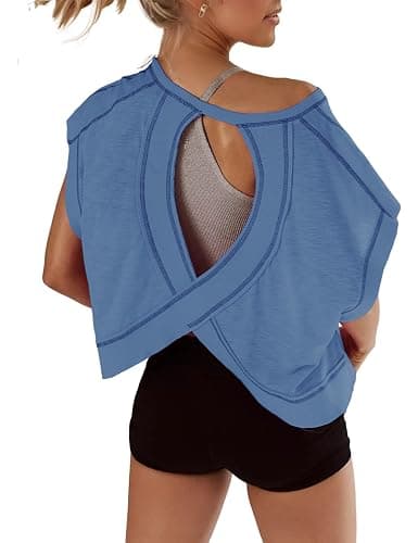 Fhniepan Open Back Tops for Women Oversized Short Sleeve Workout T Shirts Backless Y2k Athletic Crop Running Tees - Image 1