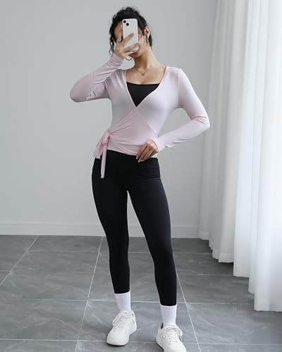 Simlakey 3 Pack Women Ballet Pilates Wrap Tops Y2K Workout Yoga Wrap Shirts Dance Long Sleeve Tie Front Crop Going Out Tops thumbnail 5