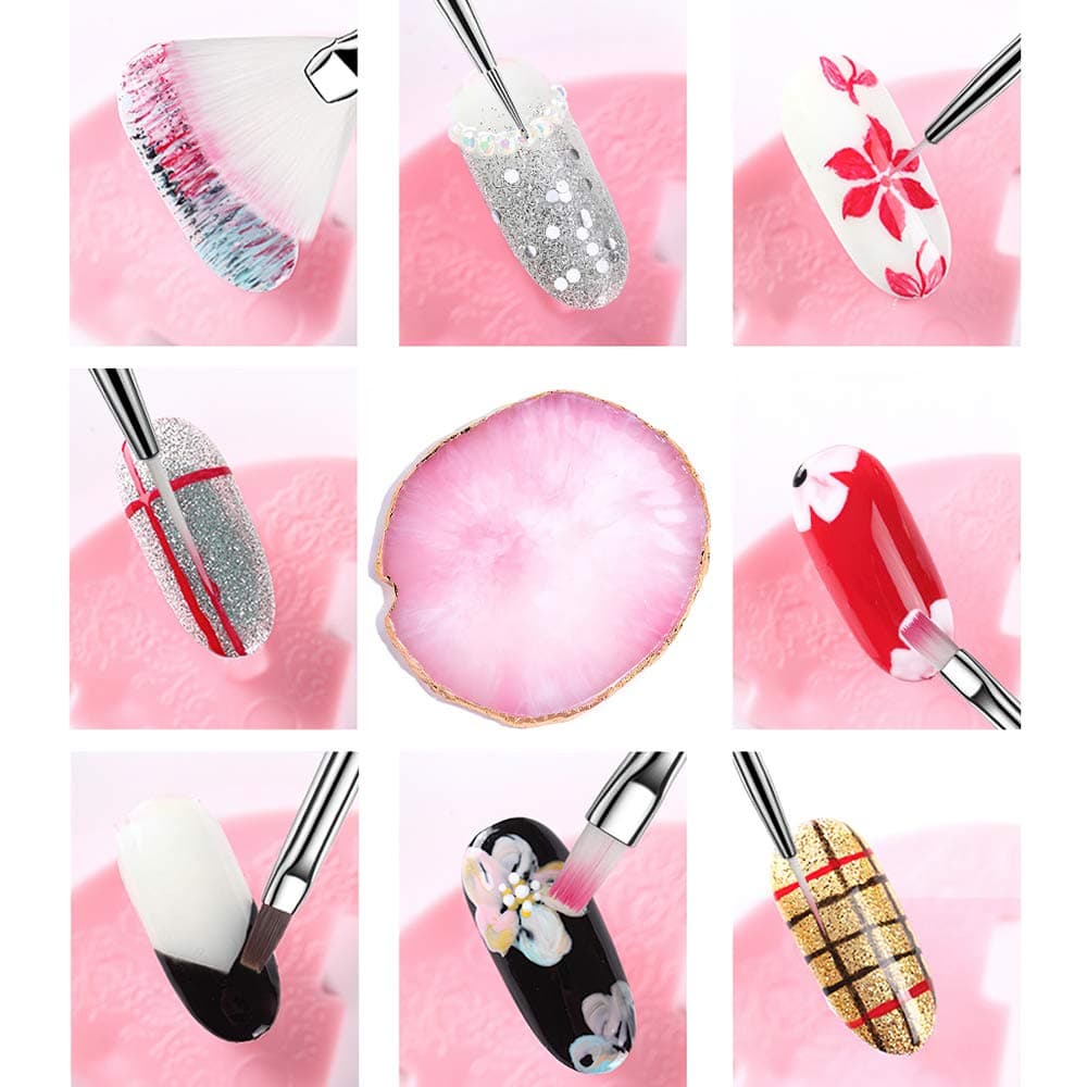 21 Pcs Nail Art Brushes Nail Art Tool Set Resin Palette Nail Art Painting Mixed Color 2 Way Acrylic Silicone Carving Pen Dotting Pen Tool Manicure Kit DIY Makeup Display Board for Home Salon, Pink thumbnail 3