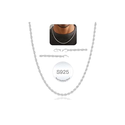 Avotto 925 Sterling Silver Solid 2.5mm 3mm Rope Chain Necklace for Men, Sturdy Non-Fading Mens Silver Chain Jewellery Gifts for Men 14/16/18/20/22/24 Inch - Image 1