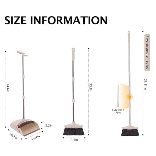 XXFLOWER Broom and Dustpan Set with Long Handle, Light Weight Stainless Steel Poles Stand Upright Dustpans with Broom Combo for Home Kitchen Office Pet Dog Hair, Brown & Beige Color, 1-Pack thumbnail 2