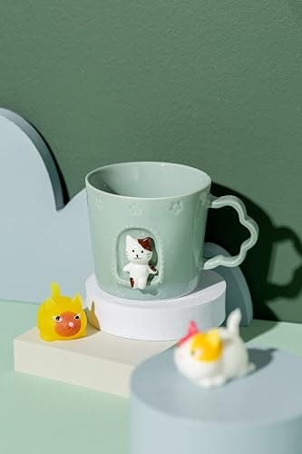 DIHOclub Cat Ceramic Cup Window Animals Mug Cute Cartoon Handmade Figurine Mugs,Holiday and Birthday Gift for Daughter,Son,Kids,9 OZ (Blue) thumbnail 6