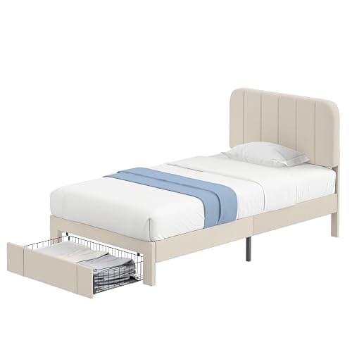 VECELO Twin Size Upholstered Bed Frame with Drawer and Headboard, Velvet Platform Storage Bedframe, Wooden Slats Support, No Box Spring Needed,Bone Beige thumbnail 6