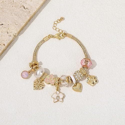 Madison Tyler Charm Bracelet Gold Bracelets for Women Gifts | LOVE Heart Hollow Flower Bow Pink Green Square Gemstone Beaded Charm Bracelet Cute Adjustable Bracelet Jewelry thumbnail 5
