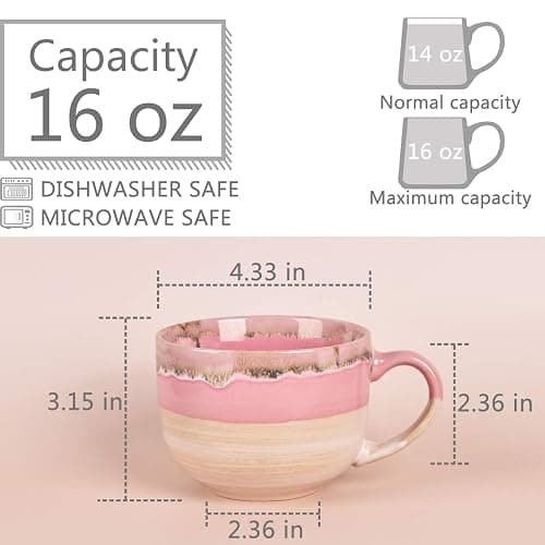 Bosmarlin Large Ceramic Coffee Mug Set of 2, Stoneware Jumbo Latte Mugs Tea for Office and Home, 16 Oz, Dishwasher and Microwave Safe(Pink, 2) thumbnail 3