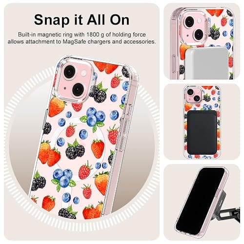 MOSNOVO for iPhone 15 Case, Compatible with Magsafe, Shockproof Military-Grade Protection 6.6ft Drop Tested, Magnetic Clear Phone Case for iPhone 15, Wild Berries Design thumbnail 6