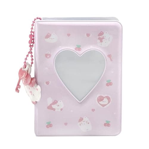 3 Inch Mini Photo Album, Heart Hollow Card Binder Photo Card Holder with Pendant 40 Pockets (pink white cat) thumbnail 4