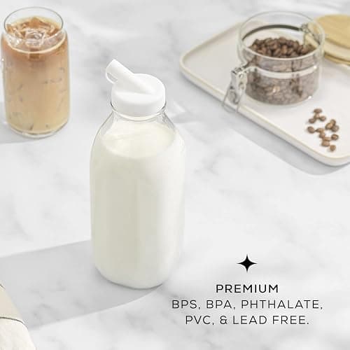 JoyJolt Glass Milk Bottles with Lids and Pourer – 32 Oz, 3 Pack Airtight Heavy Duty Reusable Glass Bottles, Leakproof, BPA-Free, Food Grade, Dishwasher Safe Jug, Pitcher for Milk, Juice, and Water thumbnail 4