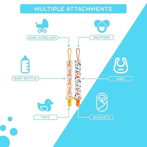12 Pack Pacifier Clips with Strap 25.5cm - Premium Polyester Baby Pacifier Holder Set, Multi-Design Clips for Boys Girls （Multi Color C） thumbnail 6