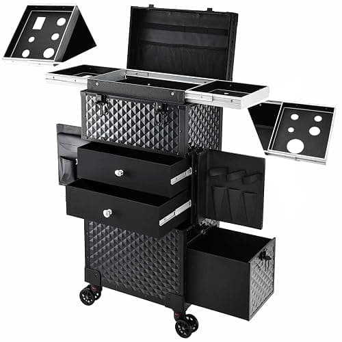 Joligrace Cosmetology Case on Wheels, Rolling Makeup Case for Hairstylists & Makeup Artists， Lockable Professional Make up Case Salon Trolley Cart with Hairdryer Holder for Salon/Barber/Travel, Black - Image 1