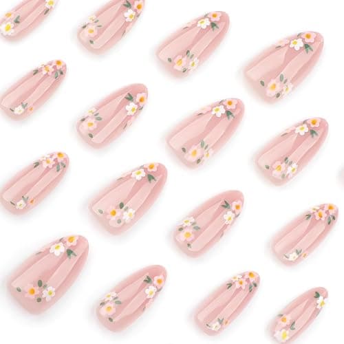 OHWODA Pink Spring Press on Nails Almond Shape Fake Nails with Small Flower Designs Daisy Floral Artificial Nails Medium Length Spring Summer Glue on Nails Flowers Stick on Nails for Women, 24Pcs thumbnail 3