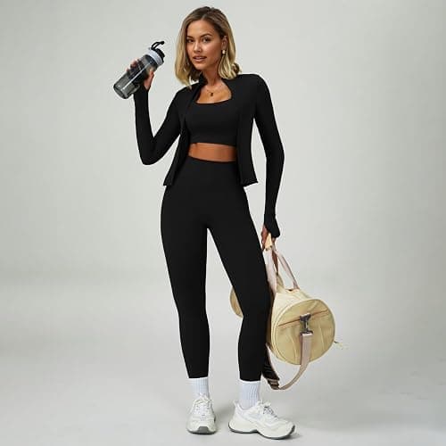 Women’s 3 Piece Workout Set – Sports Bra, Leggings & Jacket with Thumbholes – Yoga Outfit Activewear for Gym Running Training thumbnail 3