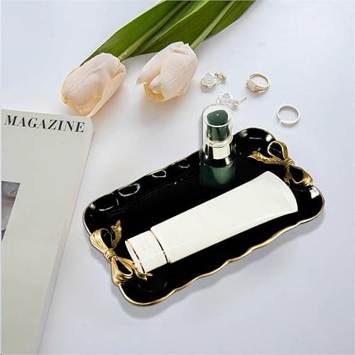 Warmtree Bow Jewelry Tray, Coquette Trinket Dish, Vanity Decor | Decorative Tray for Jewelry, Towel, Storage, Rings, Bracelets, Earrings, Cosmetics, Retro Design for Room Decor, Black thumbnail 2