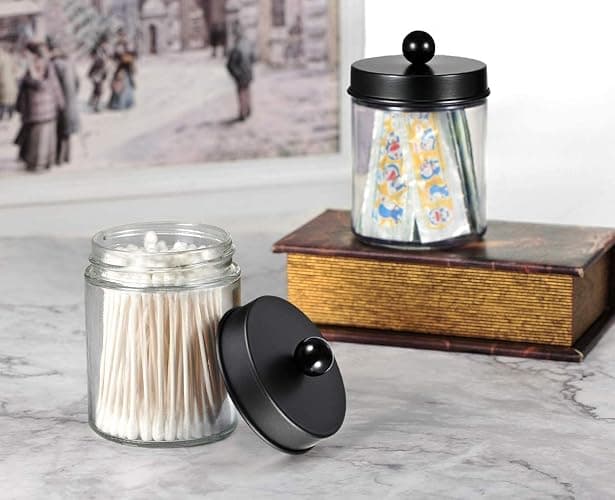 Amolliar 4 Pack Apothecary Jars Bathroom Vanity Storage Organizer Set -Countertop Canister with Stainless Steel Lids &Cute Stickers - Qtip Dispenser Holder for Qtips,Cotton Swabs,Makeup Sponges(Black) thumbnail 2