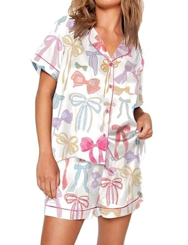 Passec Womens Christmas Pajamas Shorts Sets Satin Silk 2 Pieces Xmas Pj Set Bown Down Bow Holiday Jammies - Image 1
