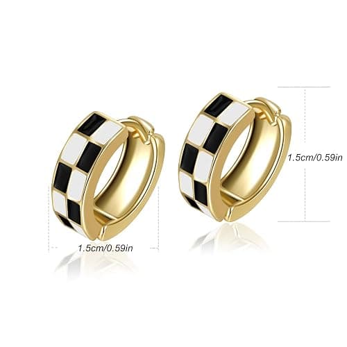 Sriomu Chic Checker Small Hoop Cartilage Earrings Teacher Earrings for Women；White Black Enamel Hypoallergenic Hooped Gifts Gold and Silver tone thumbnail 6