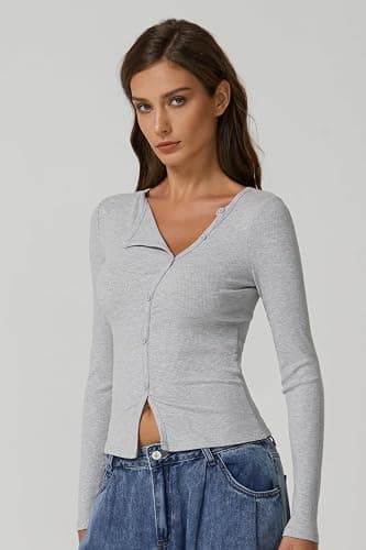 QINSEN Women's Long Sleeve Ribbed Crewneck Shirts Upper Button Fastening Going Out Tops thumbnail 2