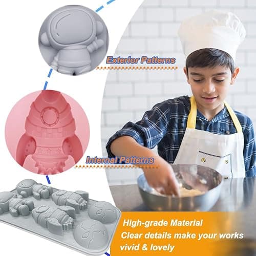 2 Pack Astronaut Silicone Molds 6 Cavity 3D Space Themed Rocket Plaster Molds for Kids, Earth Baking Mould Tray DIY Tool for Chocolate Cupcake Topper Mousse Pastry Soap Crayons Plaster Casting thumbnail 5
