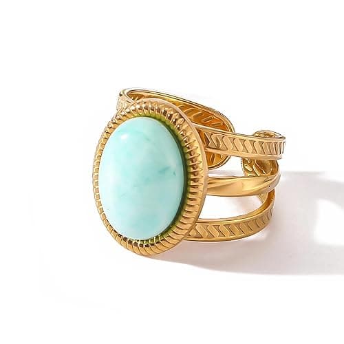 Dikixe Boho Western Turquoise Ring, Oval Turquoise Gemstone December Birthstone Open Adjustable Statement Ring, Gold Plated Stainless Steel Stackable Rings for Women - Image 1