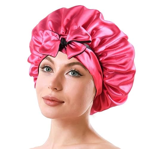 Satin Bonnet with Tie Band Adjustable Silk Bonnet Sleep Cap for Braids double layer with Tie for Sleeping (Hot Pink +Black) - Image 1