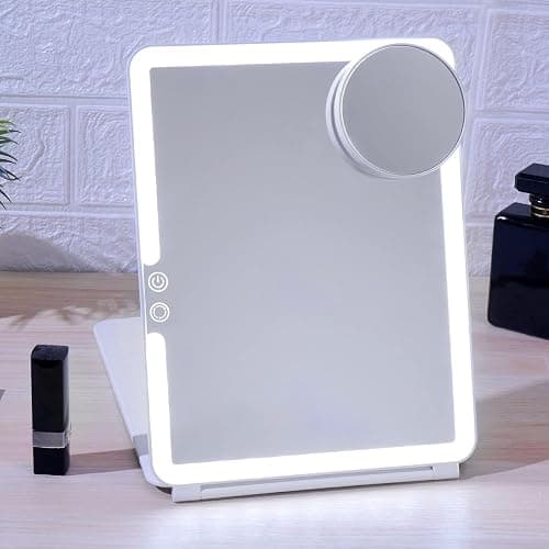 FUNTOUCH Rechargeable Large Travel Makeup Mirror with Lights, 2500mAh 10x7.5 Portable Lighted Makeup Mirror with 3 Color Lights, Dimming Folding Light Up Travel Mirrors with 10X Magnifying Mirror thumbnail 9