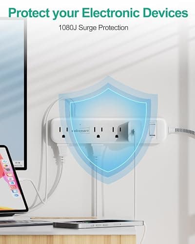 Flat Extension Cord 20 FT Multiple Outlets- Surge Protector Power Strip 8 AC Outlets 3 USB Fast Charge (3.4A 17W) 1080 Joules Long Braided Cord Wall Mountable for Home Office College Dorm 13A 1625W thumbnail 6