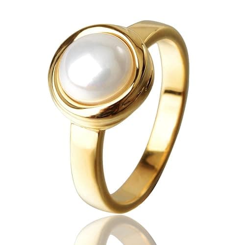 HOSICRON Pearl Ring for Women, 18K Gold Plated Rings for Bride Wedding Engagement Band Birthday Jewelry for Women Fits Sizes 5 to 11 - Image 1