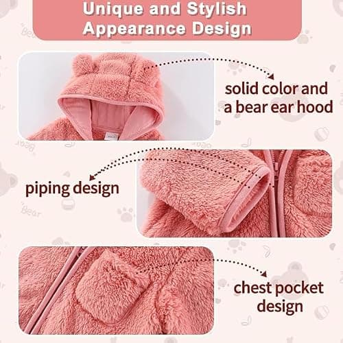 AiWMGL Newborn Baby Bear Outfit With Fold-Over Mittens and Footies Girls Boys Winter Fleece Clothes Hooded Romper Snowsuit thumbnail 5