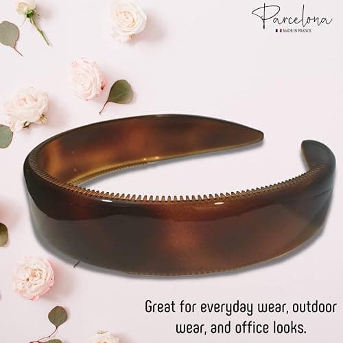 Parcelona French Extra Wide Tortoise Shell Brown Celluloid Inner Nibs Flexible Hair Headband Fashion Headband for Women Strong Hold Grip No Slip Durable Styling Girls Hair Accessories, Made in France thumbnail 4