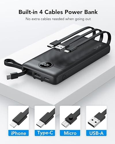 VRURC Portable Charger with Built in Cables, 10000mAh Travel Essentials Power Bank, 5 Output 2 Input LED Display External Battery Pack Compatible with iPhone,Samsung,Android-Black(1 Pack) - Black thumbnail 2