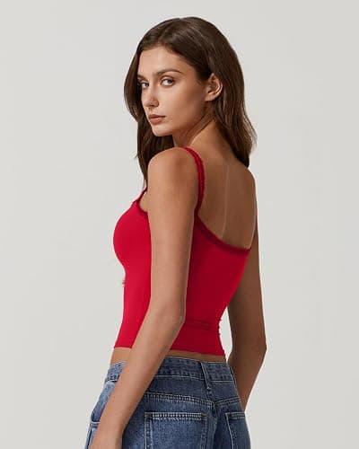 QINSEN Womens Square Neck Lace Trim Tank Top Double Lined Slim Fitted Y2k Going Out Camisole Shirts thumbnail 2