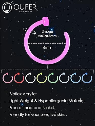 OUFER 20G Nose Ring Hoop, Colorful Clear Bioflex Acrylic Open Neon Nose Rings, Retainer Piercing Jewelry, Tragus Cartilage Helix Daith Lobe Earrings Piercing Retainer for Women Men thumbnail 6