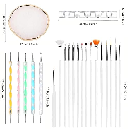 Nail Art Brush 22 Piece Set, 2 Way Acrylic Silicone Engraving Pen Dotting Pen Tools Nail Art Kit, Resin Nail Art Palette, For Nail Art DIY Home Salon Makeup Display Board (White) thumbnail 3