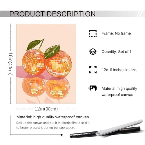 Disco Oranges Art Canvas, Glam Disco Ball Oranges Poster, Preppy Fruit Canvas Wall Art, Funky Kitchen Picture for Wall, Trendy Bar Cart Wall Art Decor, Dorm Apartment Wall Decor 12x16in Unframed thumbnail 6