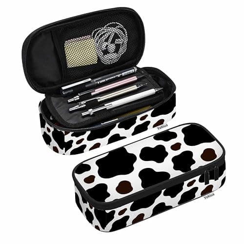 Yekiua Cow Pencil Holder Brown Black White Spotted Skin Fur Big Capacity Pencil Case Multi-Purpose Makeup Pouch For Office College Adult - Image 1