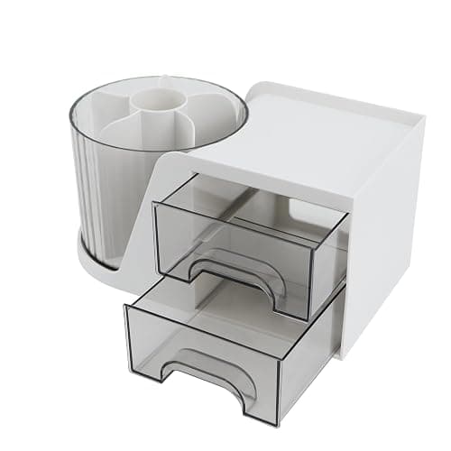 SZDPC Desk Organizer with Rotating Pencil Pen Holder and 2 Small Drawers, Desk Caddy for Office Workspace Organization and Storage (White) thumbnail 4
