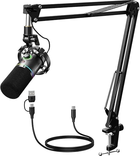 MAONO XLR/USB Dynamic Microphone Kit, RGB Podcast Mic with Software, Mute, Gain Knob, Volume Control, Boom Arm for Streaming, Gaming, Voice-Over, Recording-PD200XS Black - Image 1