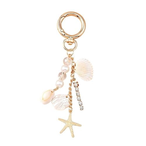 Angyape Gold Beach Keychain Cute Starfish Pearl Sealshell Keychain Bag Charms Purse Charms Summer Travel Gifts for Women - Image 1