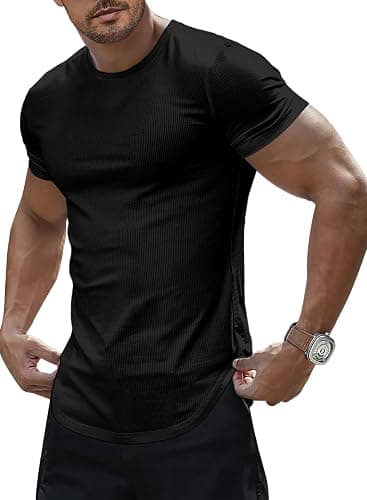 JMIERR Mens Short Sleeve T Shirt Summer Muscle Slim Fitted Crewneck Longline Tees Shirts for Gym Workout - Image 1