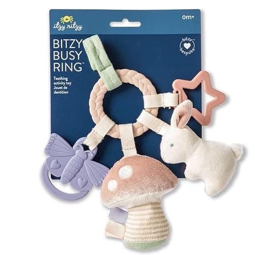 Itzy Ritzy Teething Activity Toy - Bitzy Busy Ring Features Braided Teething Ring and Dangling Toys; Includes Teether, Textured Ribbons, Crinkle Sound & Jingle Bell, Bunny RNG8497 thumbnail 4
