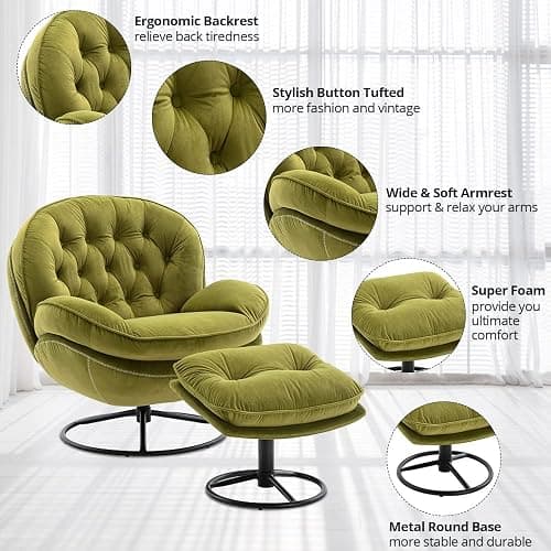 Velvet Swivel Accent Chair with Ottoman Set, Modern Lounge Chair with Metal Base Frame & Footrest, Comfy Single Leisure Sofa Chair Reading Chair with 360 Degree Swiveling for Living Room, Fruit Green thumbnail 3