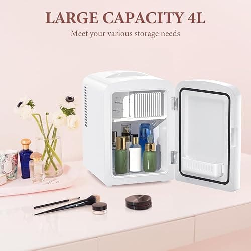 Xbeauty Skincare Mini Fridge With Dimmable LED Mirror, 4L Mini Makeup Refrigerator for SkinCare, Cosmetics, Food & Drinks, Portable Small Refrigerator for Bedroom, Dorm, Car, Office, white - White thumbnail 3