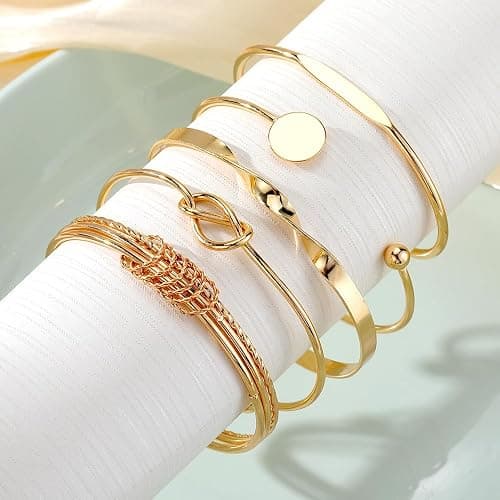 17VKL Gold Bangle Bracelets for Women, 14k Gold Plated Multi Layer Stackable Cuff Bracelets Set, Personalized Boho Non Tarnish Adjustable Bangle Jewelry Gift for Her thumbnail 6