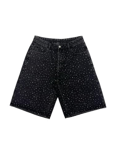 Jilwod Men's Baggy Jean Shorts Black Rhinestone Embroidered Jorts Loose Fit Denim Shorts Crystal Studs Casual Streetwear - Image 1